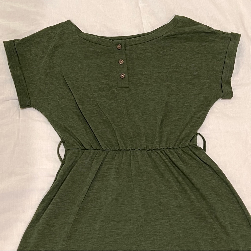Anna Kaci Olive Green Wide Round Neck Button Front Dress - Picture 2 of 8